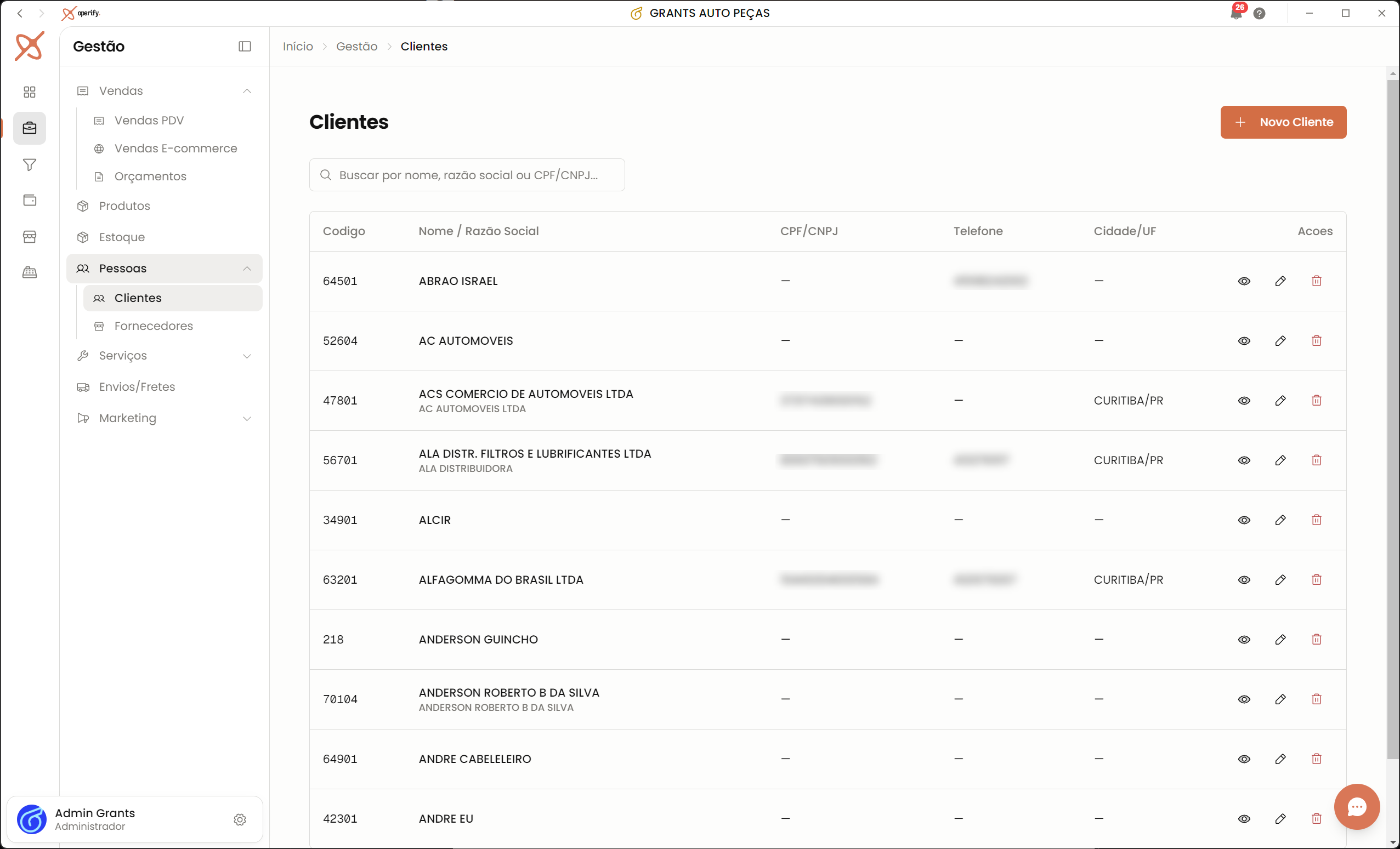 Painel de clientes da Operify
