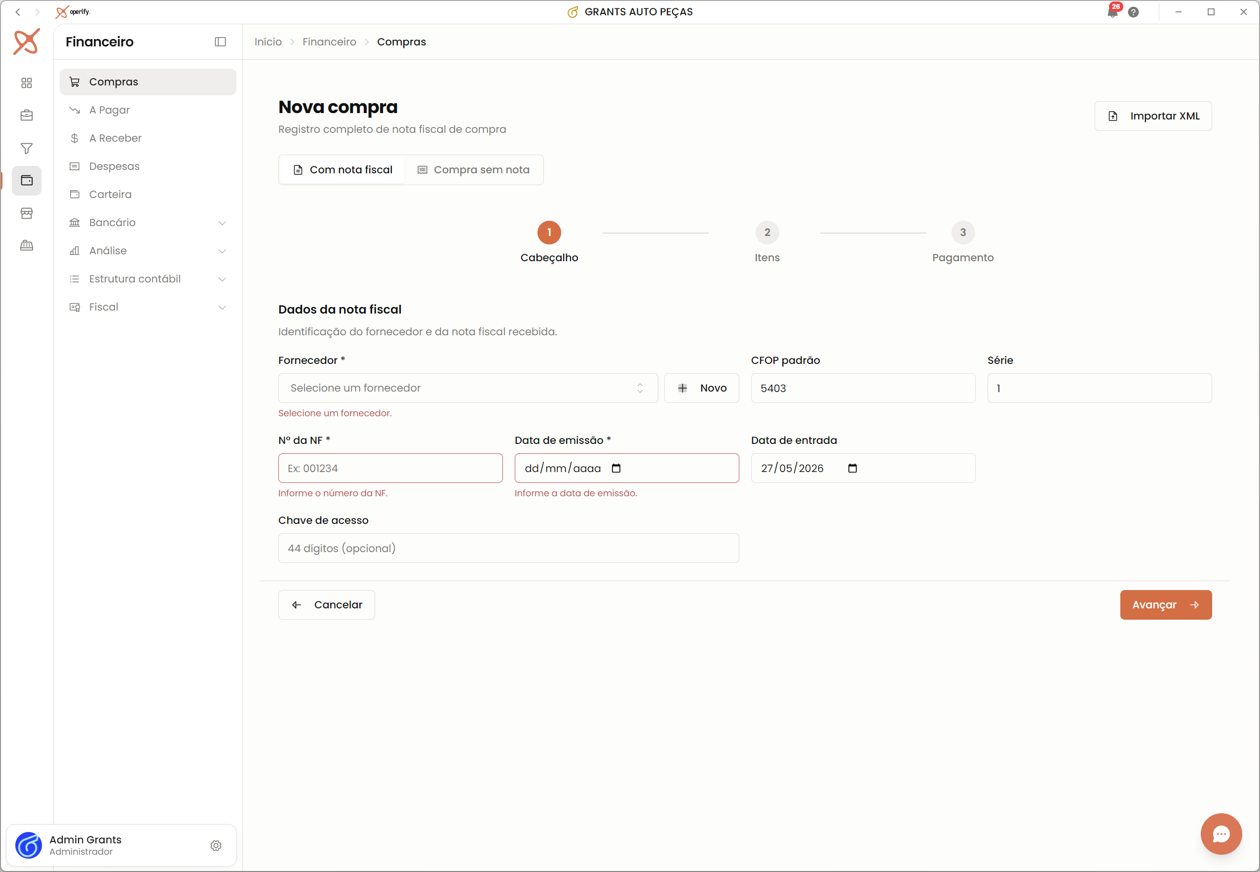 Painel de compras da Operify
