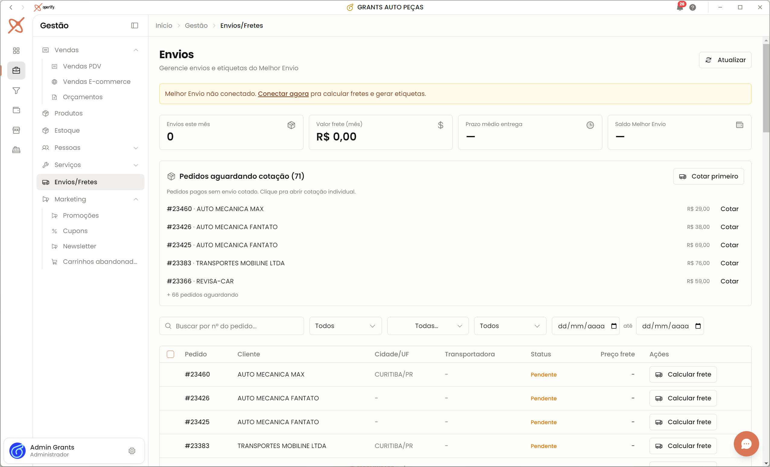 Painel de envios da Operify