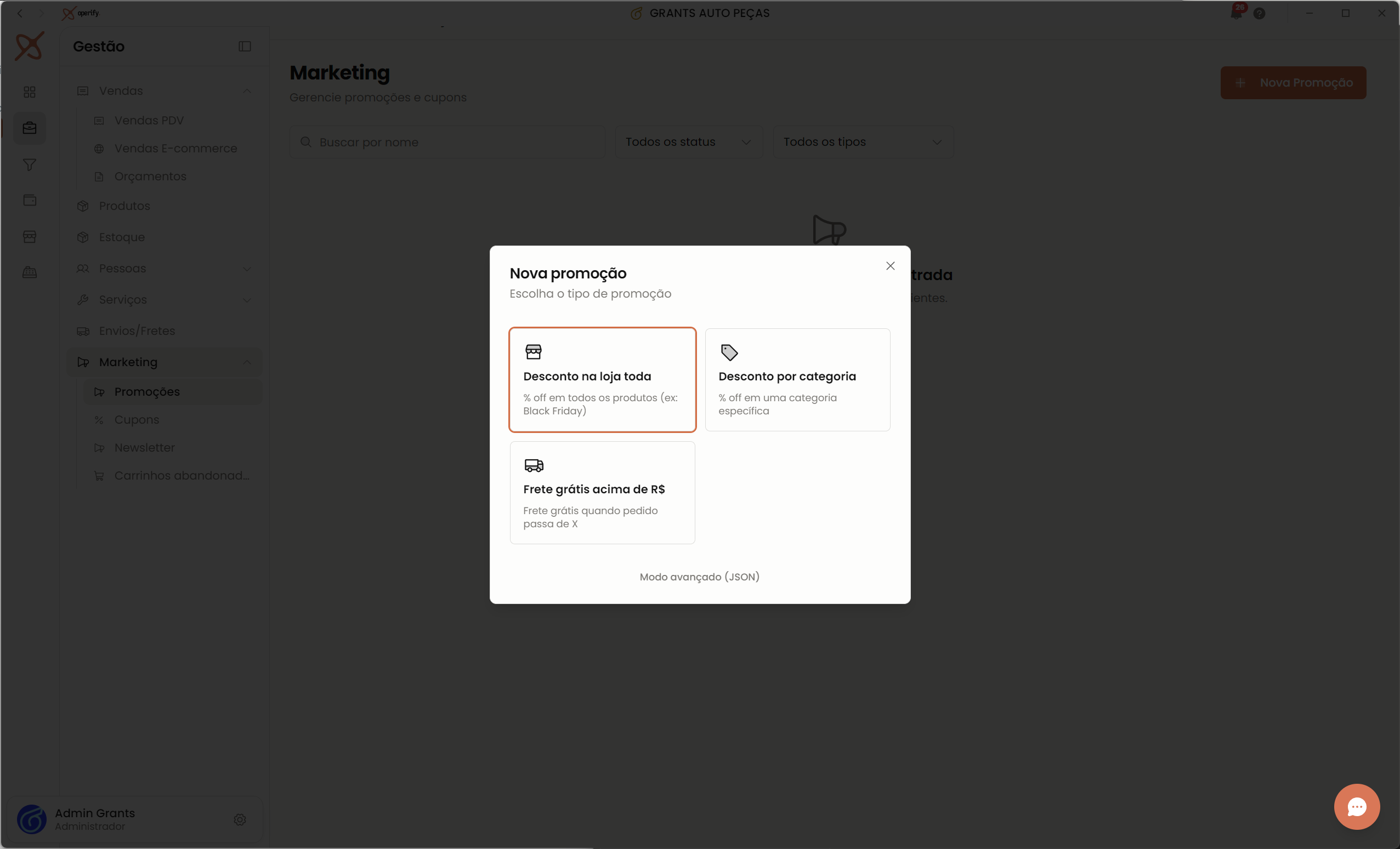 Painel de marketing da Operify