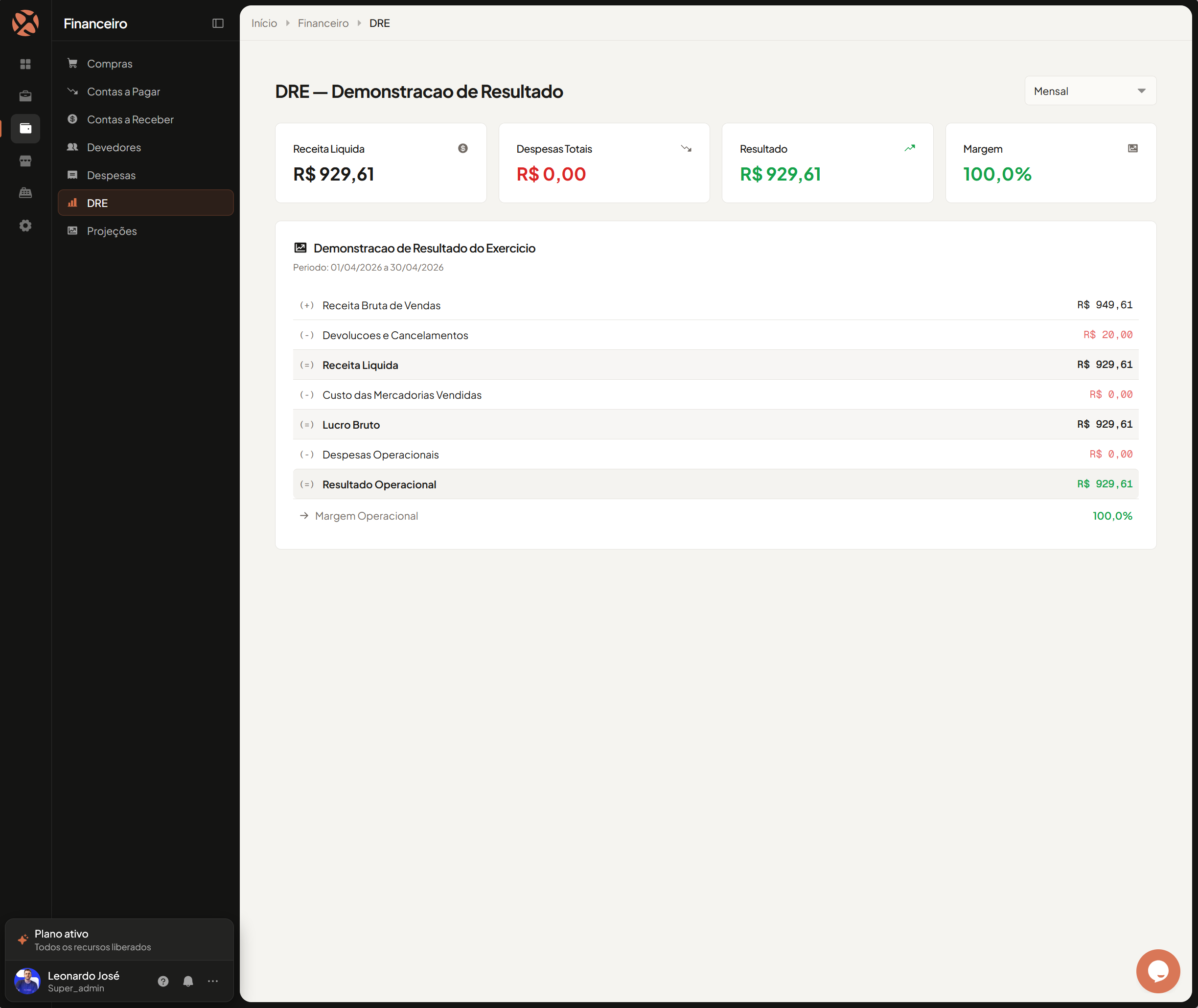Screenshot do módulo Financeiro