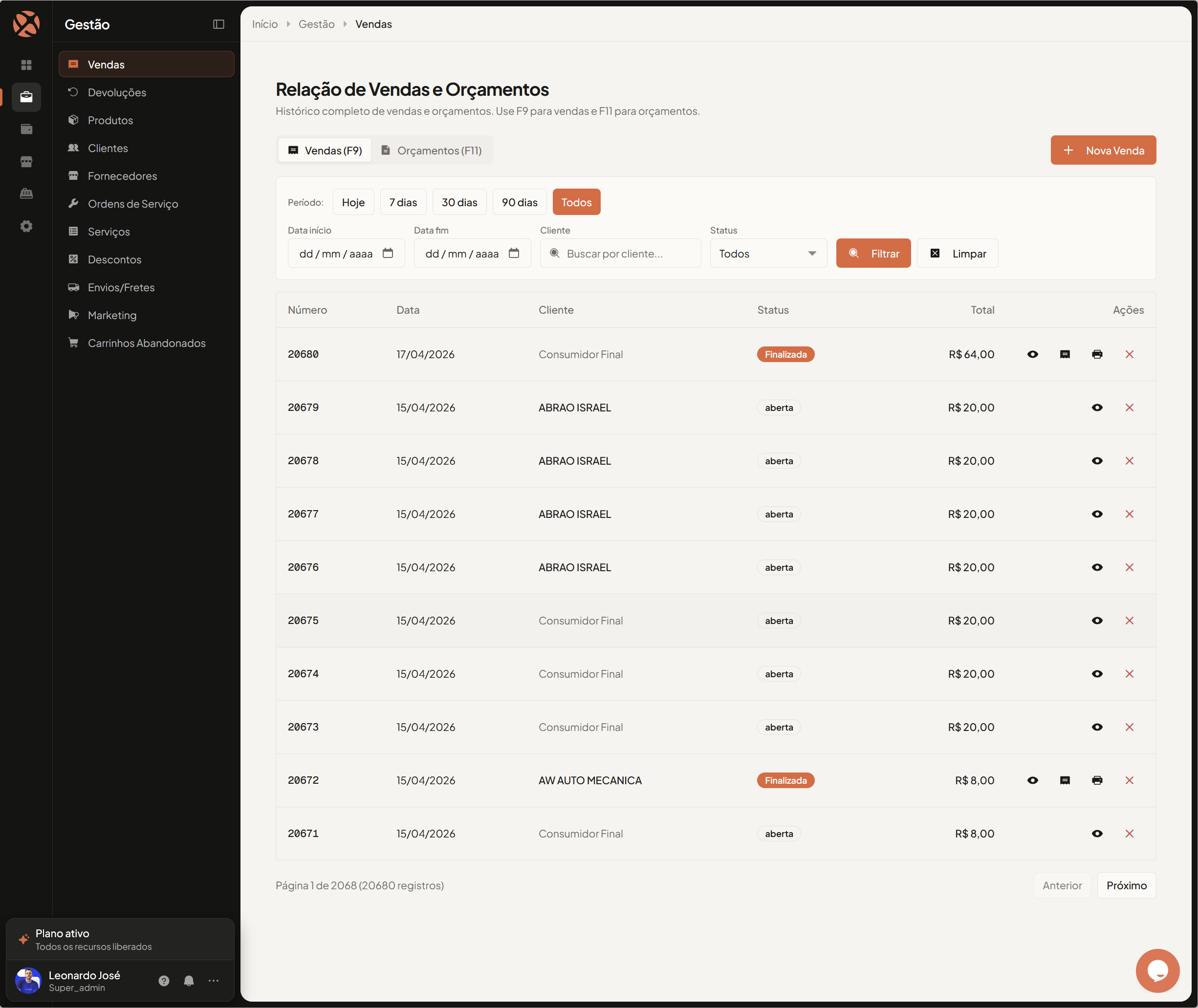 Screenshot do módulo Nota Fiscal Eletrônica