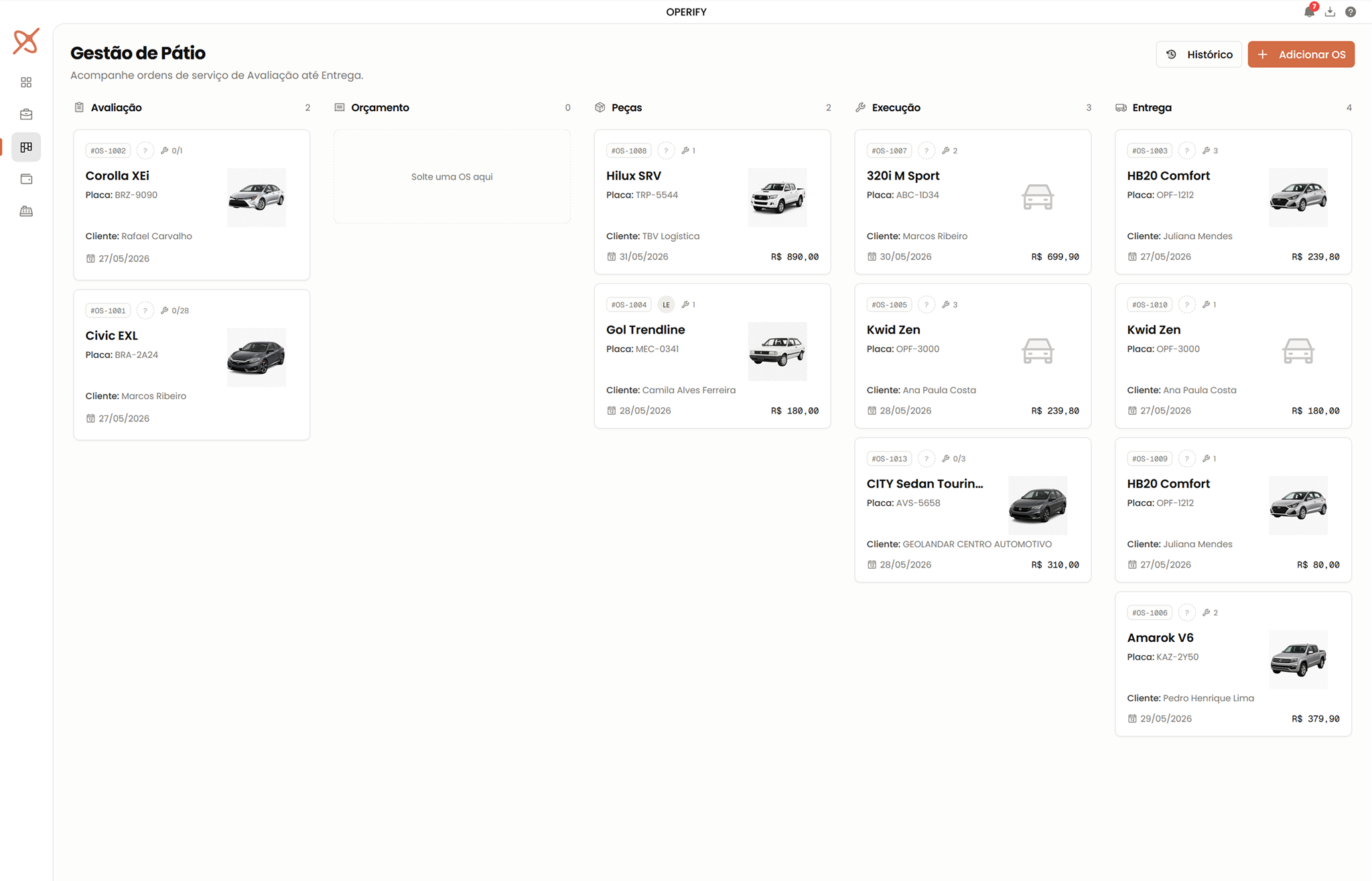 Painel de gestão de pátio da Operify com kanban de OS (Avaliação, Orçamento, Peças, Execução, Entrega)