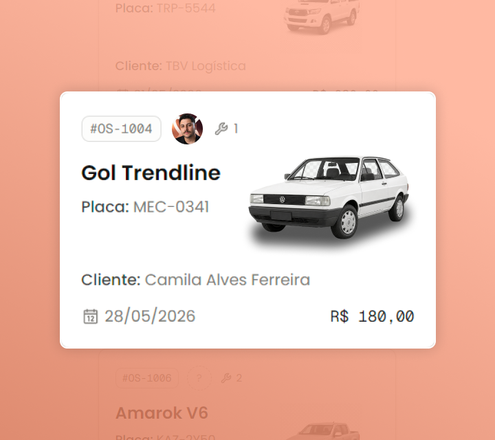Card de ordem de serviço (Gol Trendline) destacado no kanban de gestão de pátio