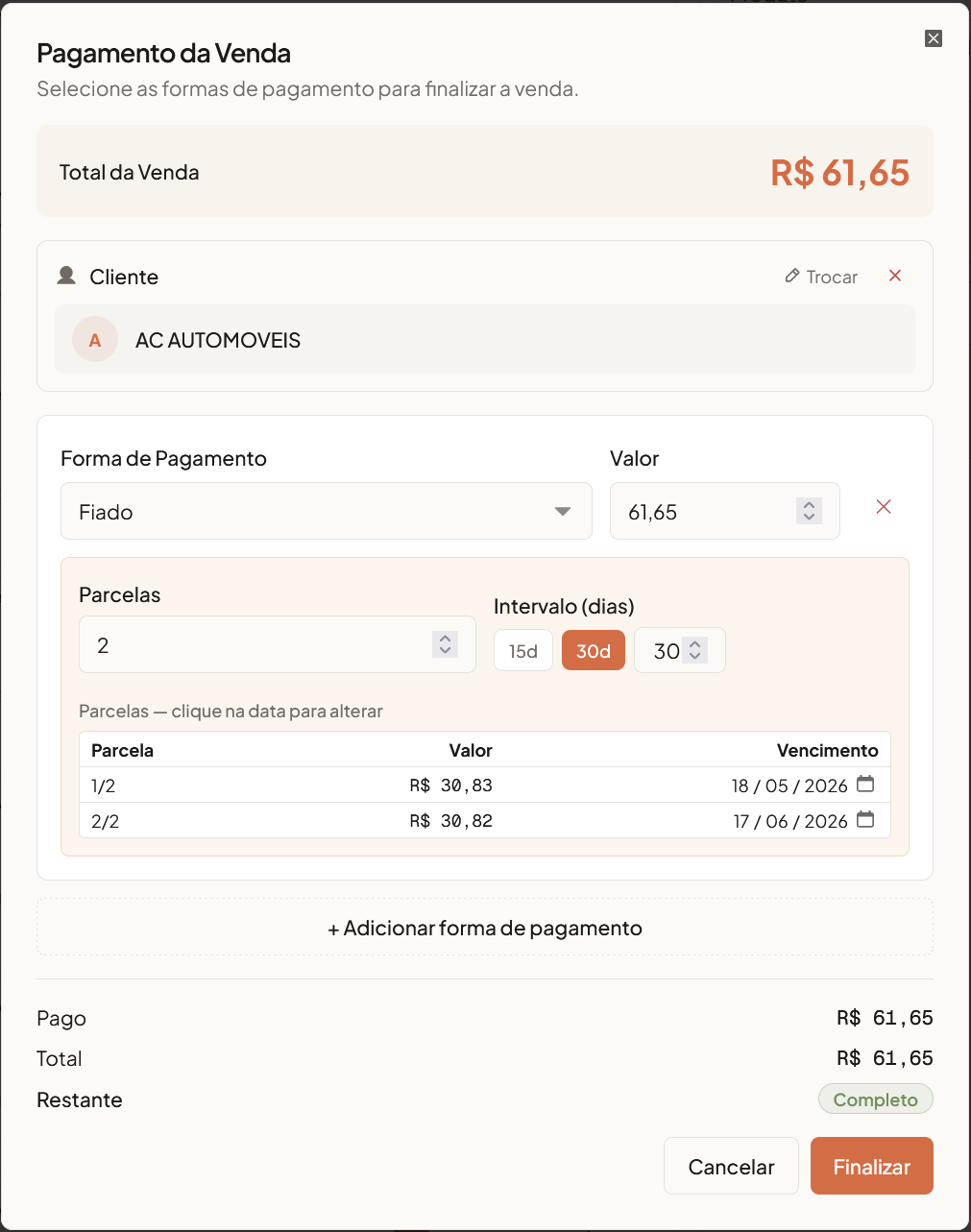 Modal de pagamento do Operify