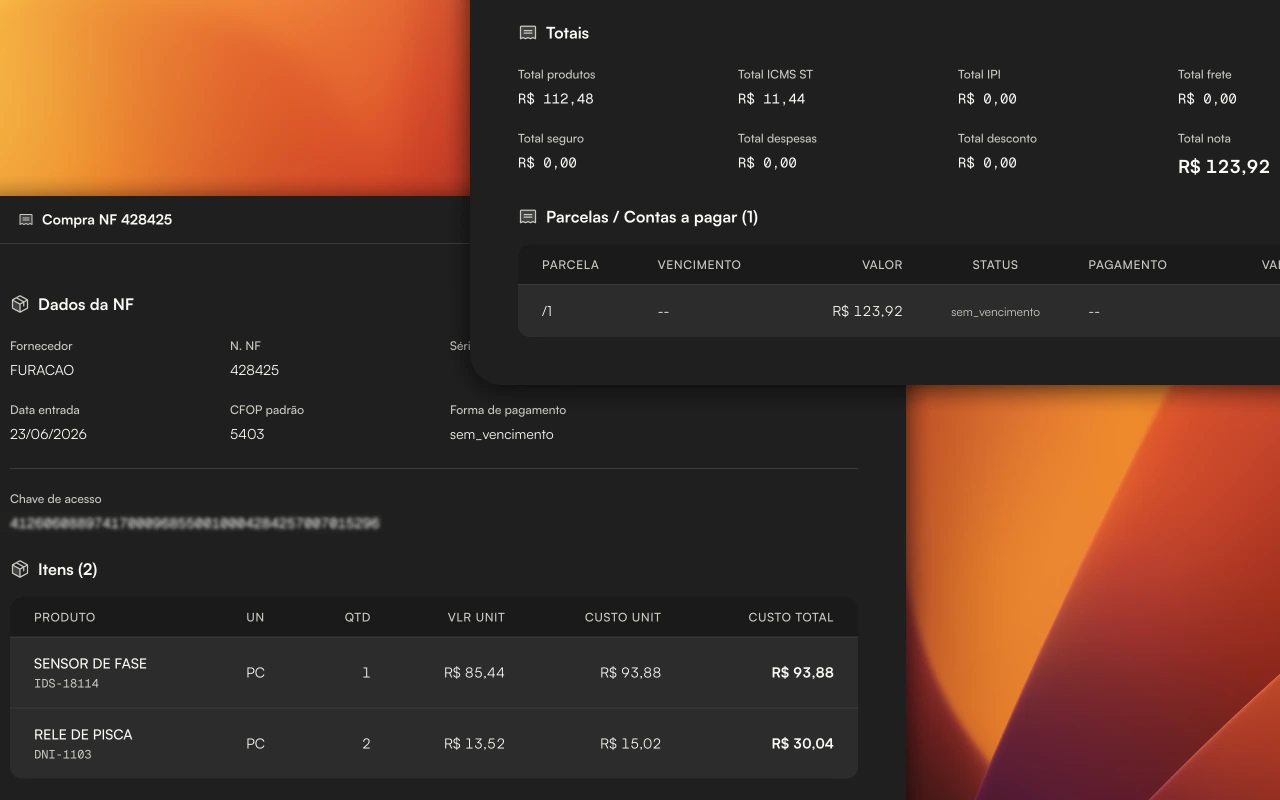 Detalhe de NF de compra no Operify: dados da nota, totais de ICMS-ST, IPI, frete, seguro, parcelas de contas a pagar e itens com custo unitário rateado