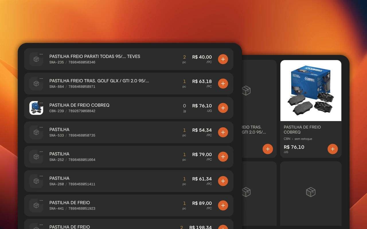 PDV do Operify mostrando lado a lado a visualização em lista compacta e a visualização em card com foto do produto