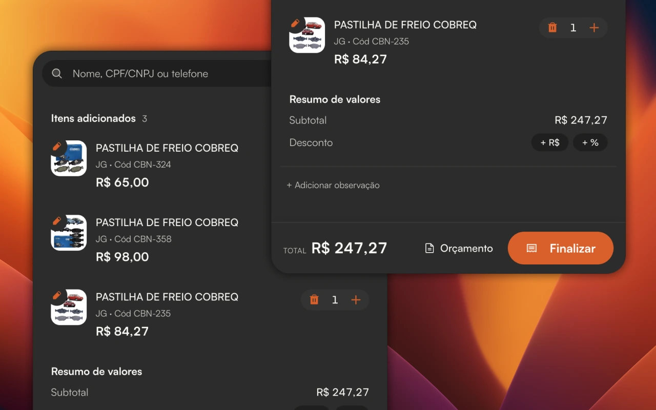 PDV mostrando itens adicionados, resumo de valores com subtotal R$ 247,27, desconto em R$ ou porcentagem, observação e botão Finalizar