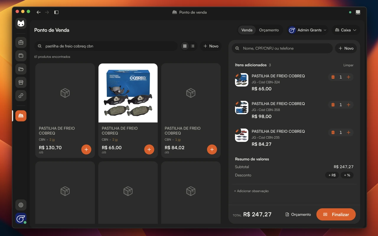 PDV do Operify mostrando grid de produtos com imagens reais, código EAN, código interno e preço