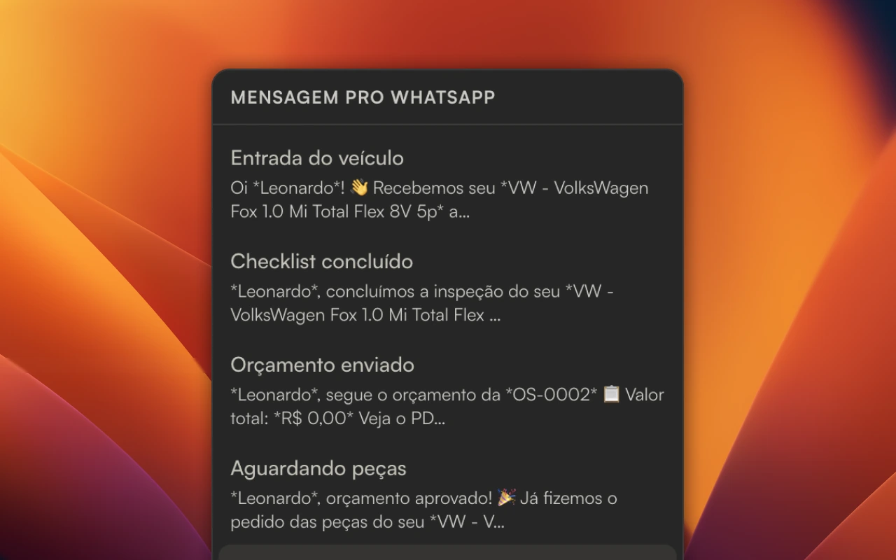 Tela de configuração das mensagens automáticas pro WhatsApp em cada etapa da OS